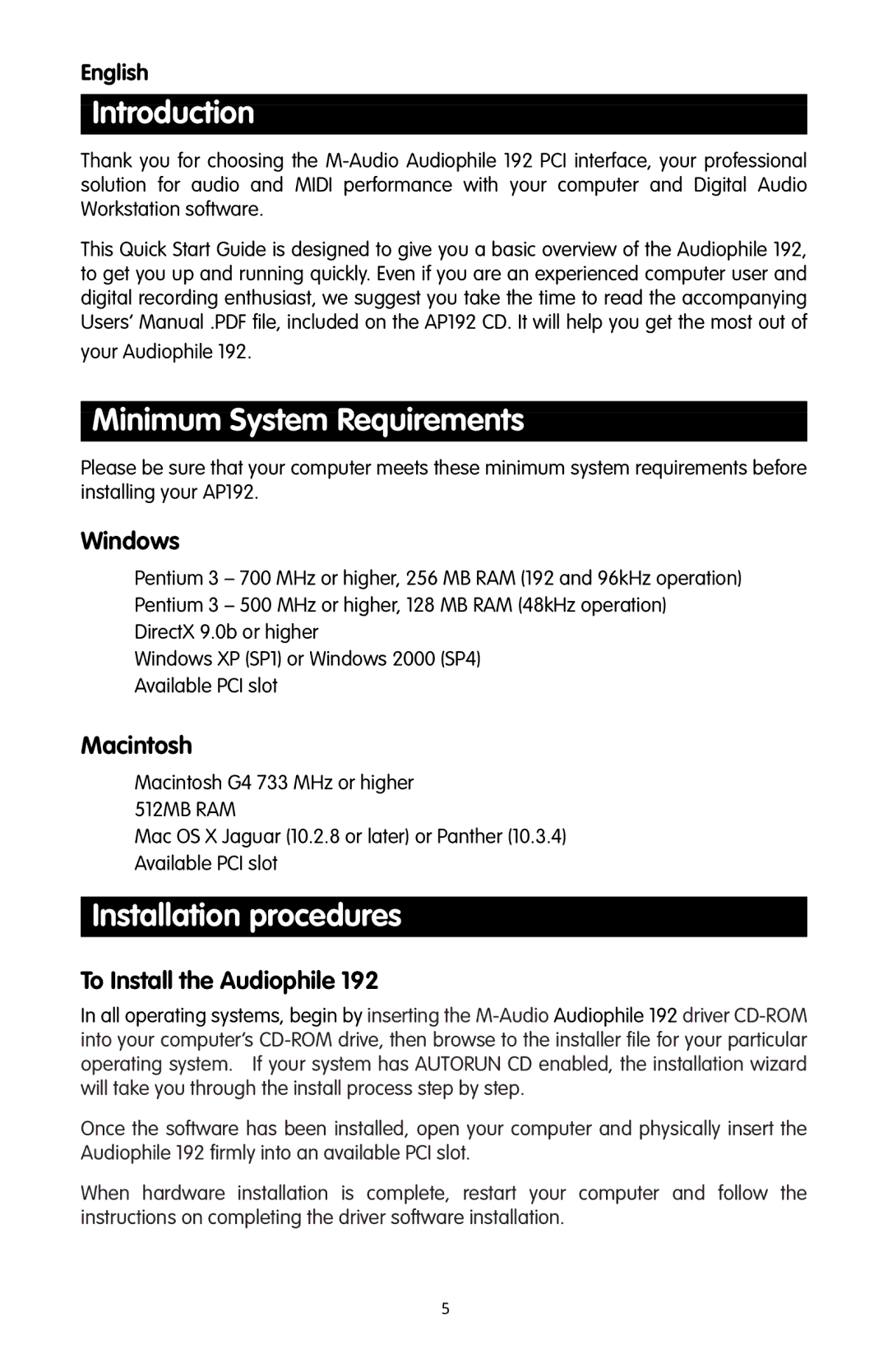 M-Audio 192 quick start Introduction, Minimum System Requirements, Installation procedures 