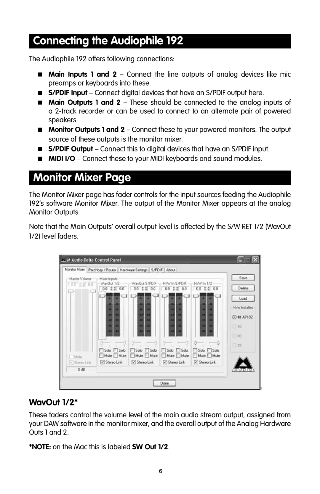 M-Audio 192 quick start Connecting the Audiophile, Monitor Mixer, WavOut 1/2 