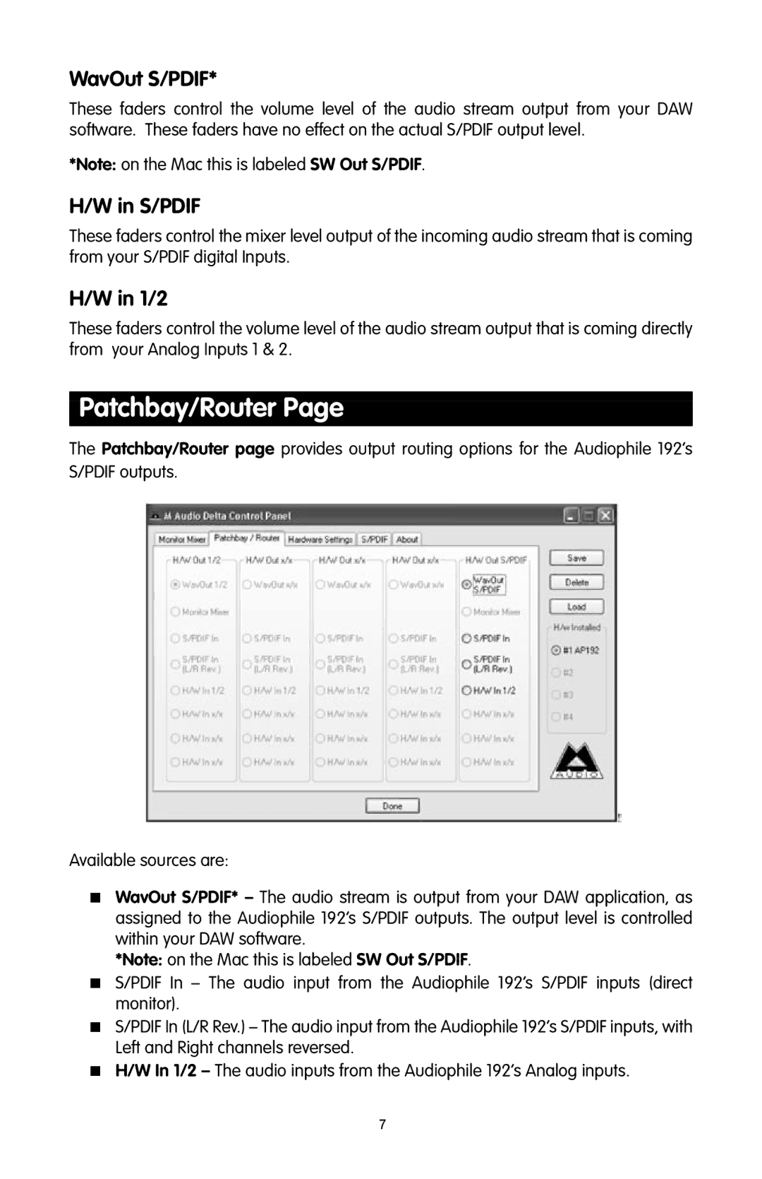 M-Audio 192 quick start Patchbay/Router, WavOut S/PDIF, S/Pdif, 1/2 