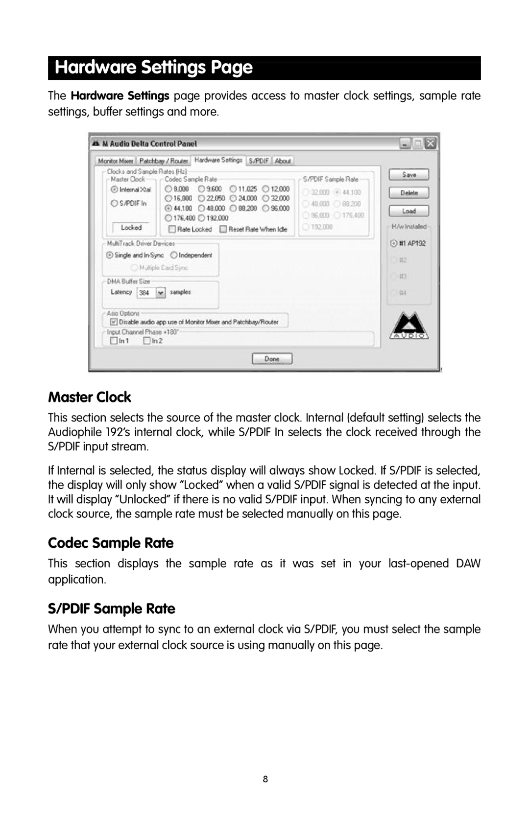 M-Audio 192 quick start Hardware Settings, Master Clock, Codec Sample Rate, Pdif Sample Rate 