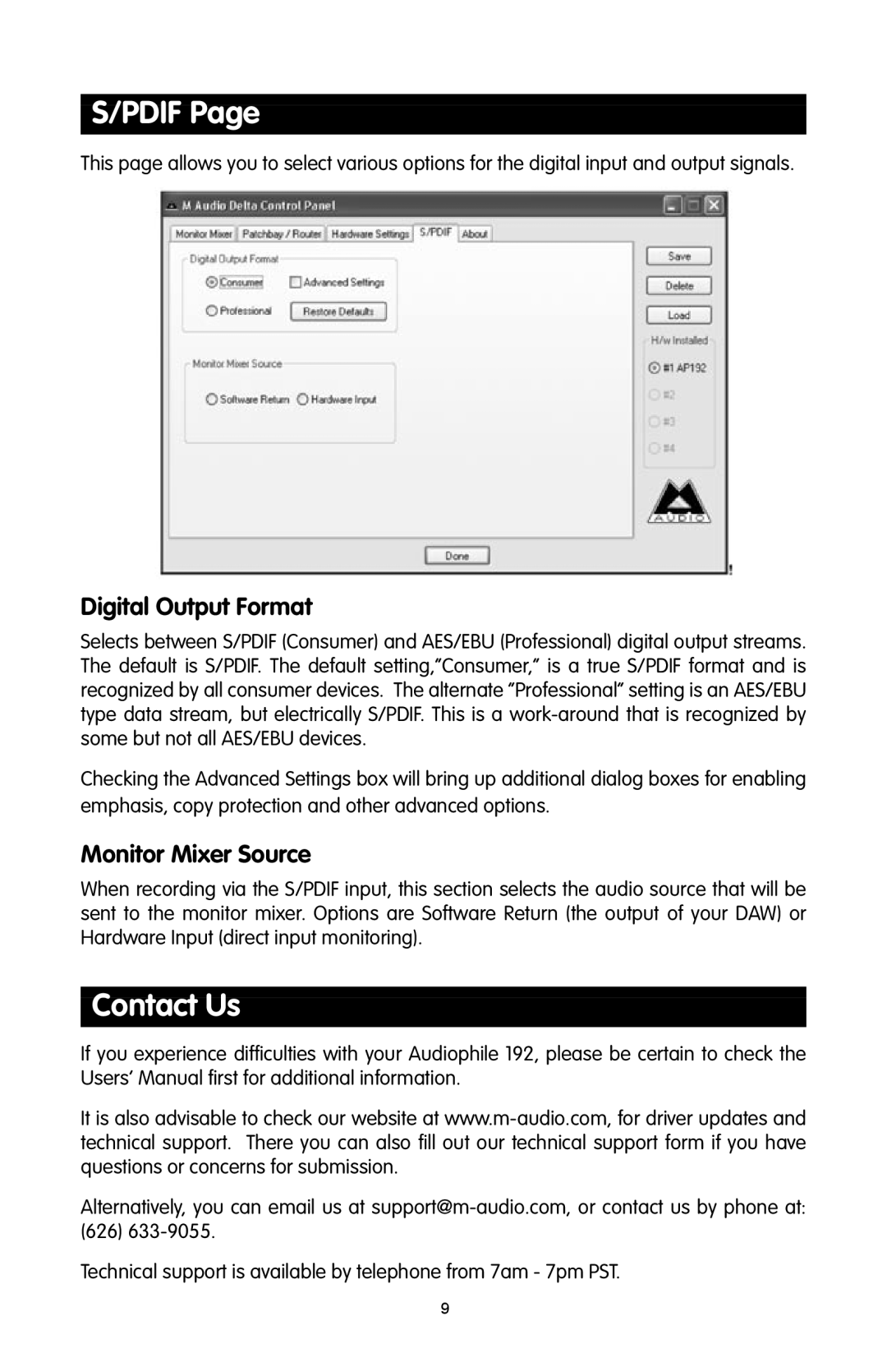 M-Audio 192 quick start Pdif, Contact Us, Digital Output Format, Monitor Mixer Source 