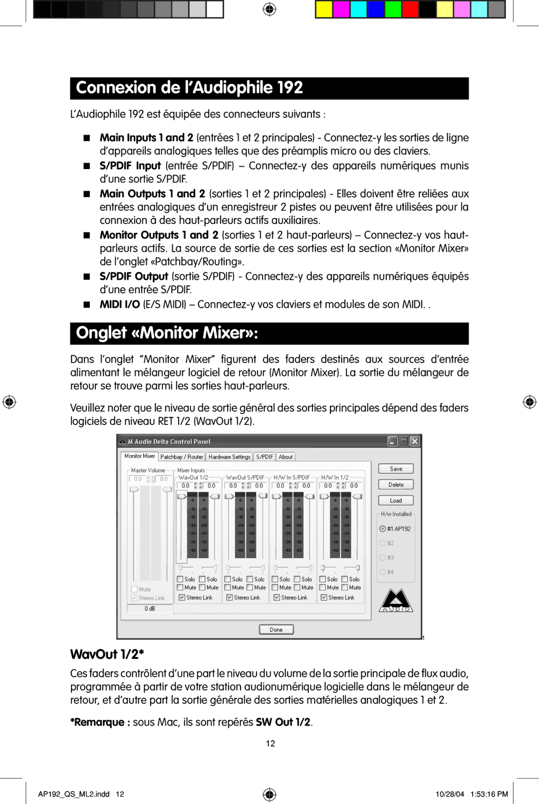 M-Audio 192s Connexion de l’Audiophile, Onglet «Monitor Mixer», ’Audiophile 192 est équipée des connecteurs suivants 