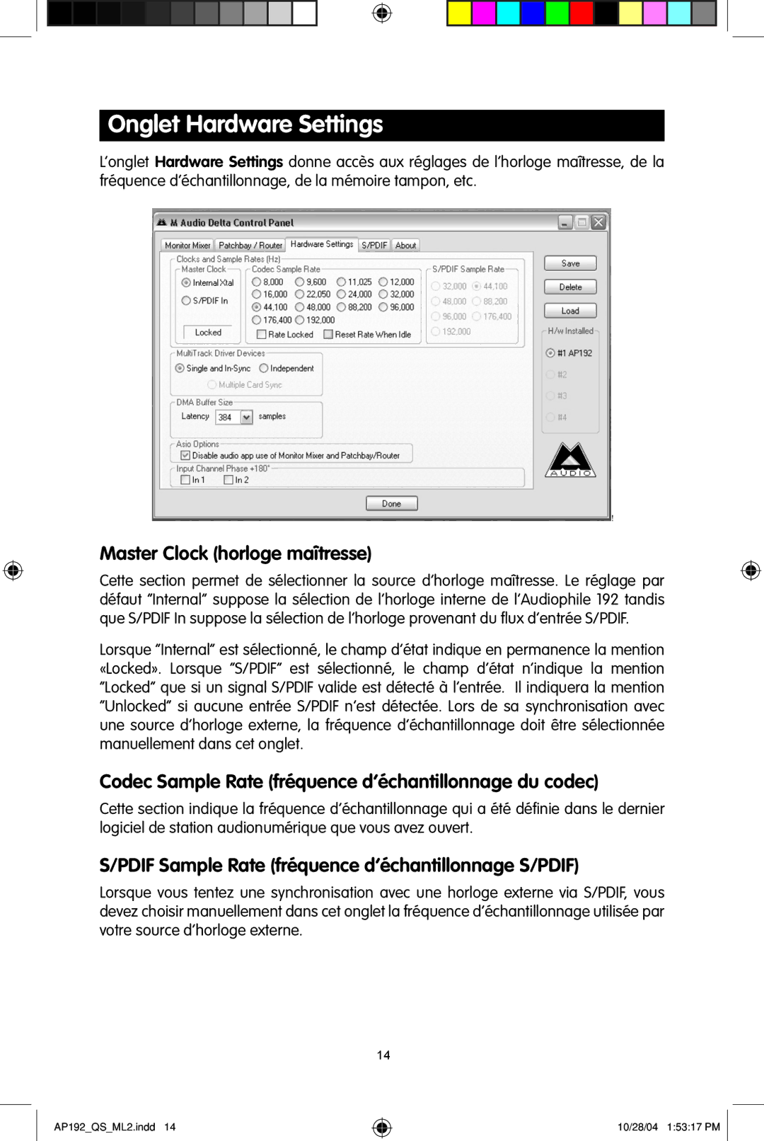 M-Audio 192s Onglet Hardware Settings, Master Clock horloge maîtresse, Pdif Sample Rate fréquence d’échantillonnage S/PDIF 