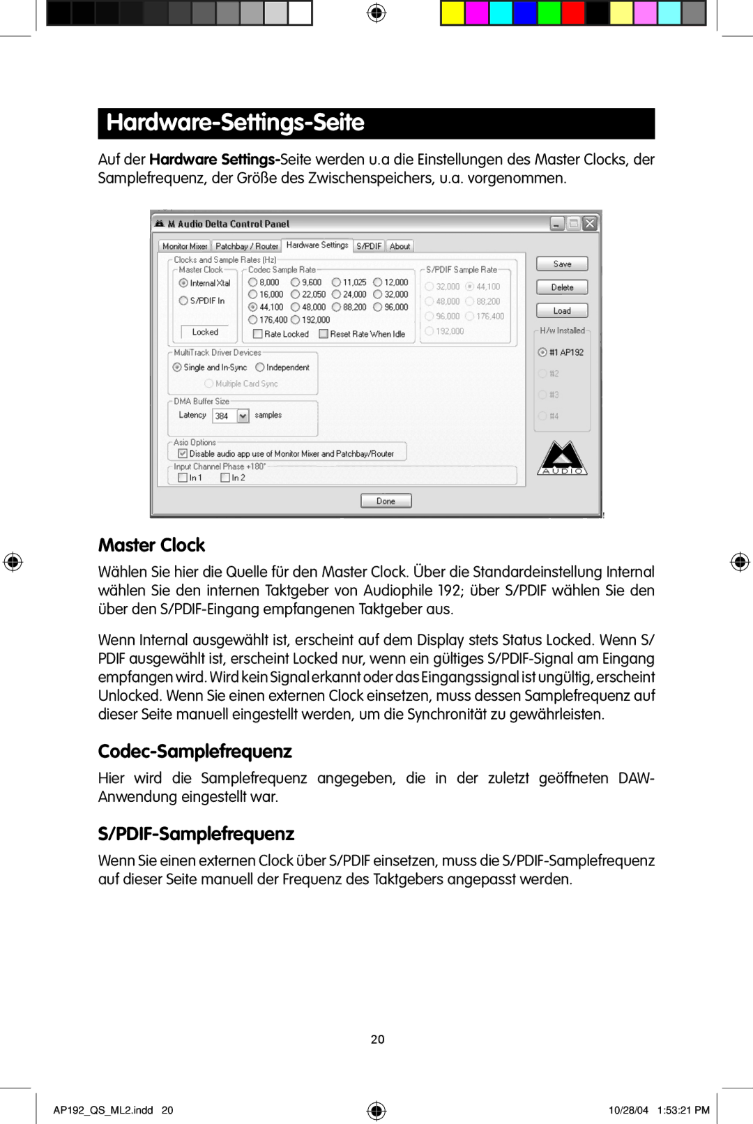 M-Audio 192s quick start Hardware-Settings-Seite, Codec-Samplefrequenz, PDIF-Samplefrequenz 