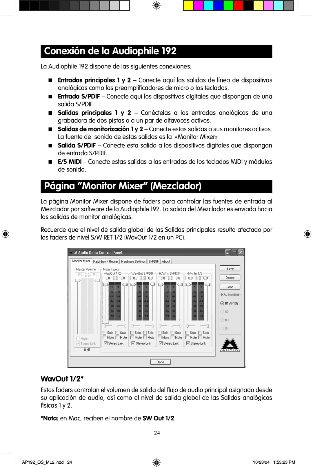 M-Audio 192s quick start Conexión de la Audiophile, Página Monitor Mixer Mezclador 