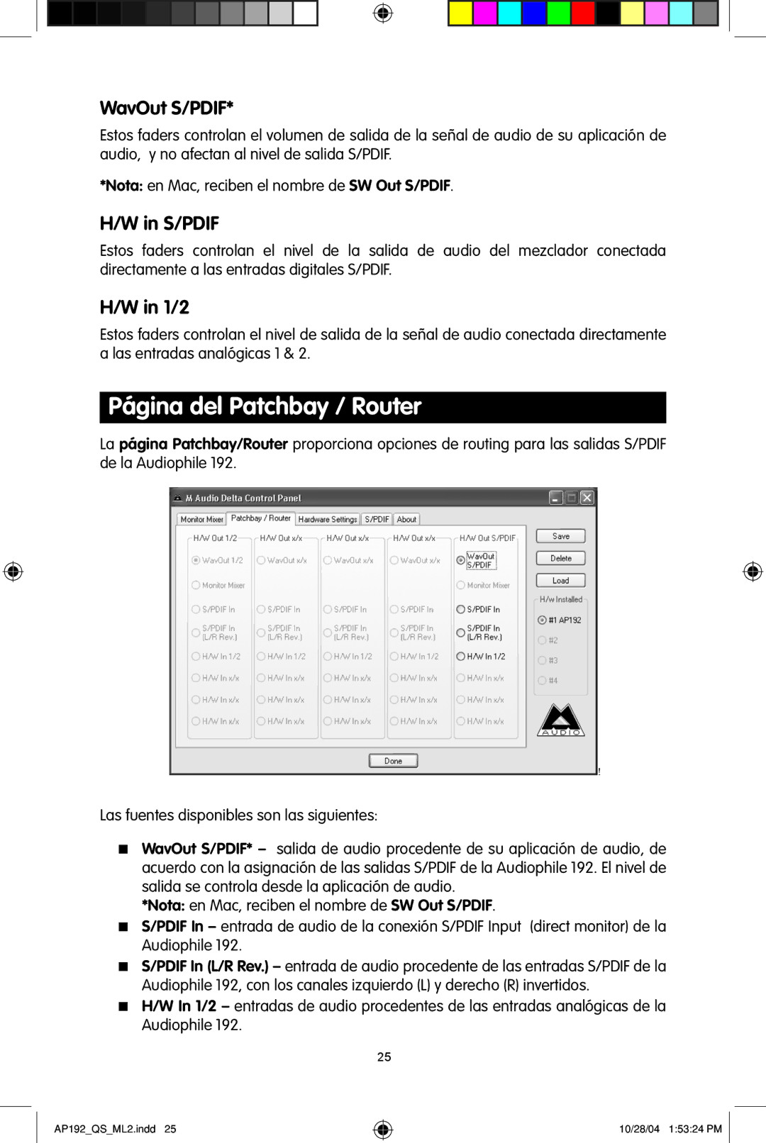 M-Audio 192s quick start Página del Patchbay / Router, WavOut S/PDIF 