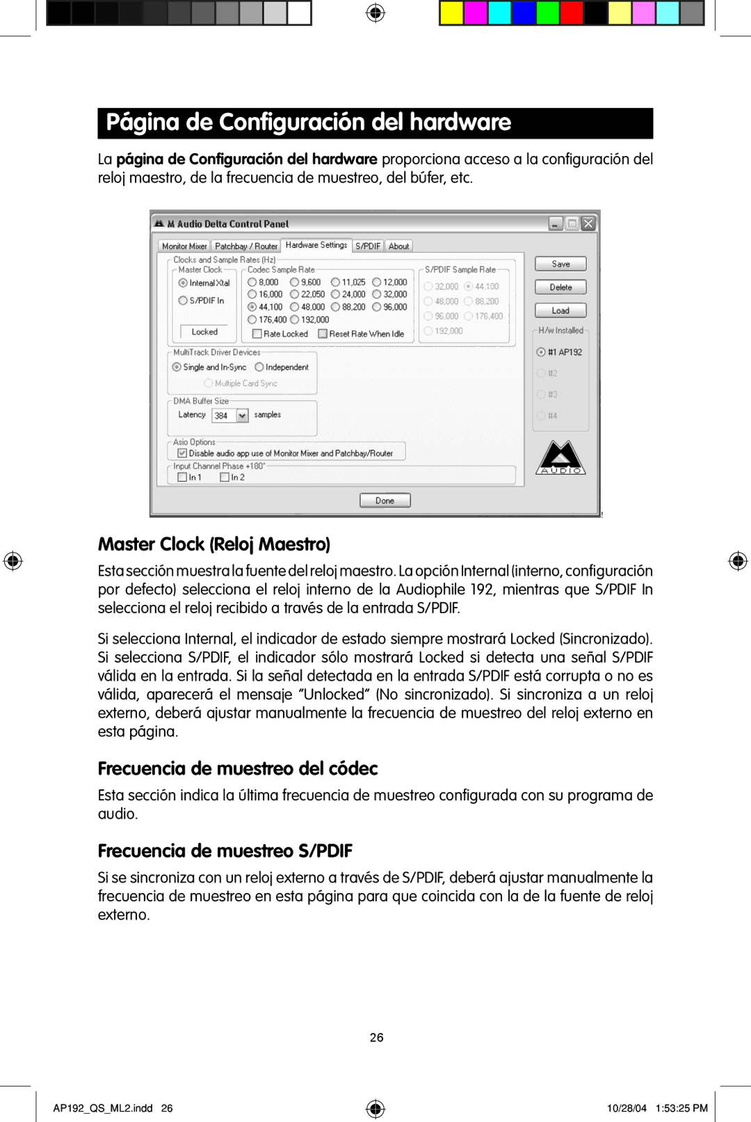 M-Audio 192s quick start Página de Conﬁguración del hardware, Master Clock Reloj Maestro, Frecuencia de muestreo del códec 