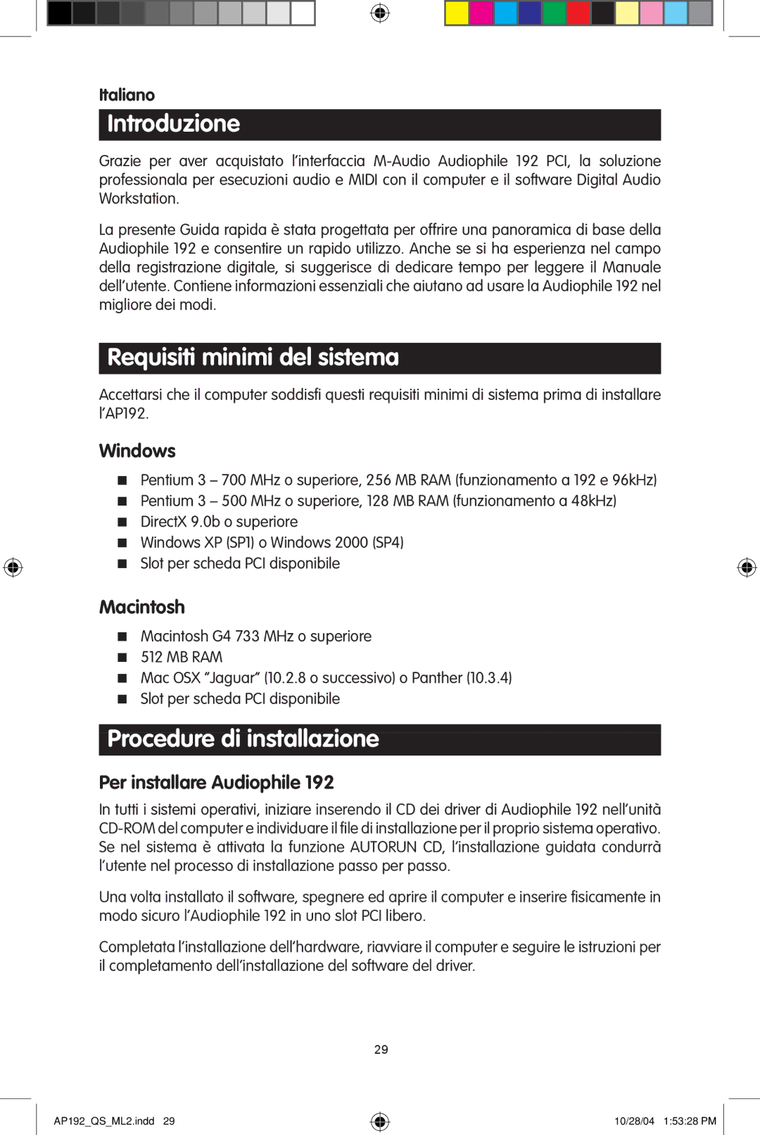 M-Audio 192s quick start Introduzione, Requisiti minimi del sistema, Procedure di installazione, Per installare Audiophile 