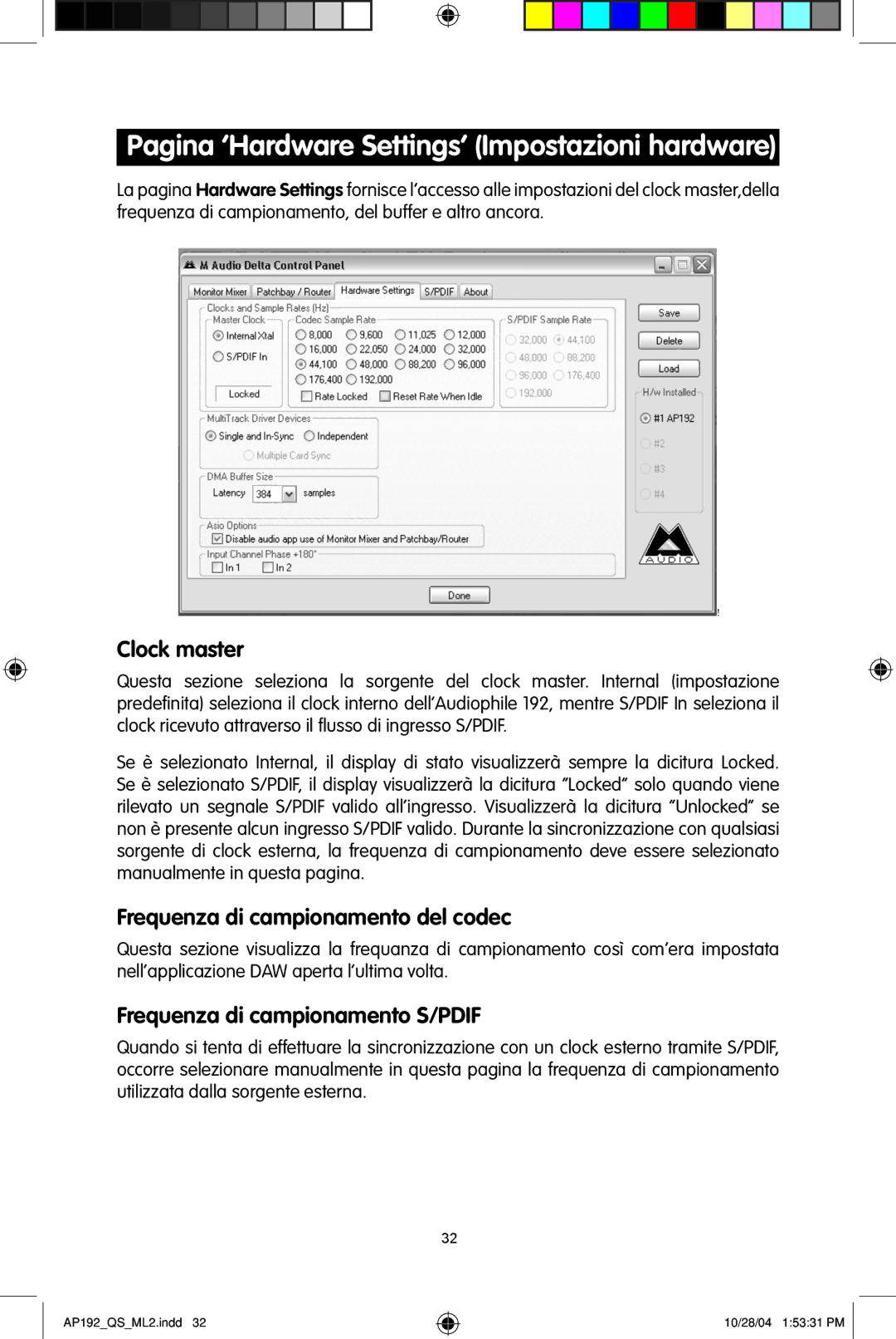 M-Audio 192s Pagina ‘Hardware Settings’ Impostazioni hardware, Clock master, Frequenza di campionamento del codec 