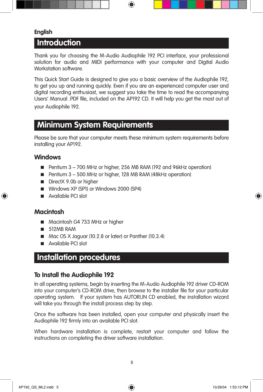 M-Audio 192s quick start Introduction, Minimum System Requirements, Installation procedures 