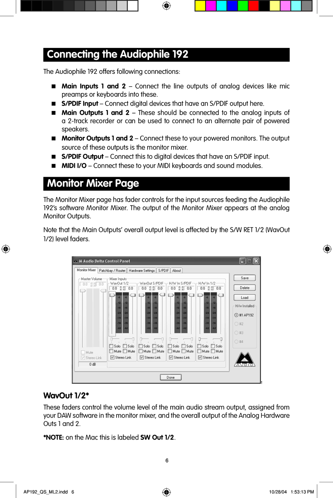 M-Audio 192s quick start Connecting the Audiophile, Monitor Mixer, WavOut 1/2 