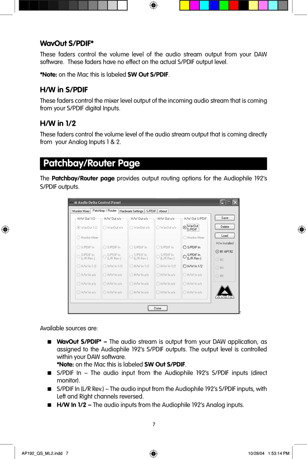 M-Audio 192s quick start Patchbay/Router, WavOut S/PDIF, S/Pdif, 1/2 