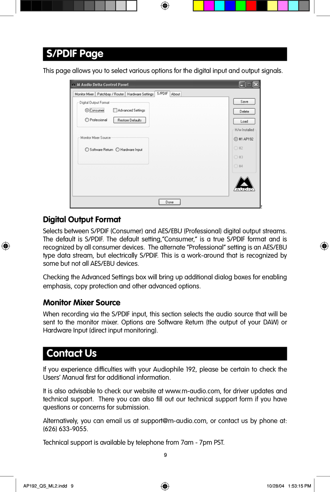 M-Audio 192s quick start Pdif, Contact Us, Digital Output Format, Monitor Mixer Source 