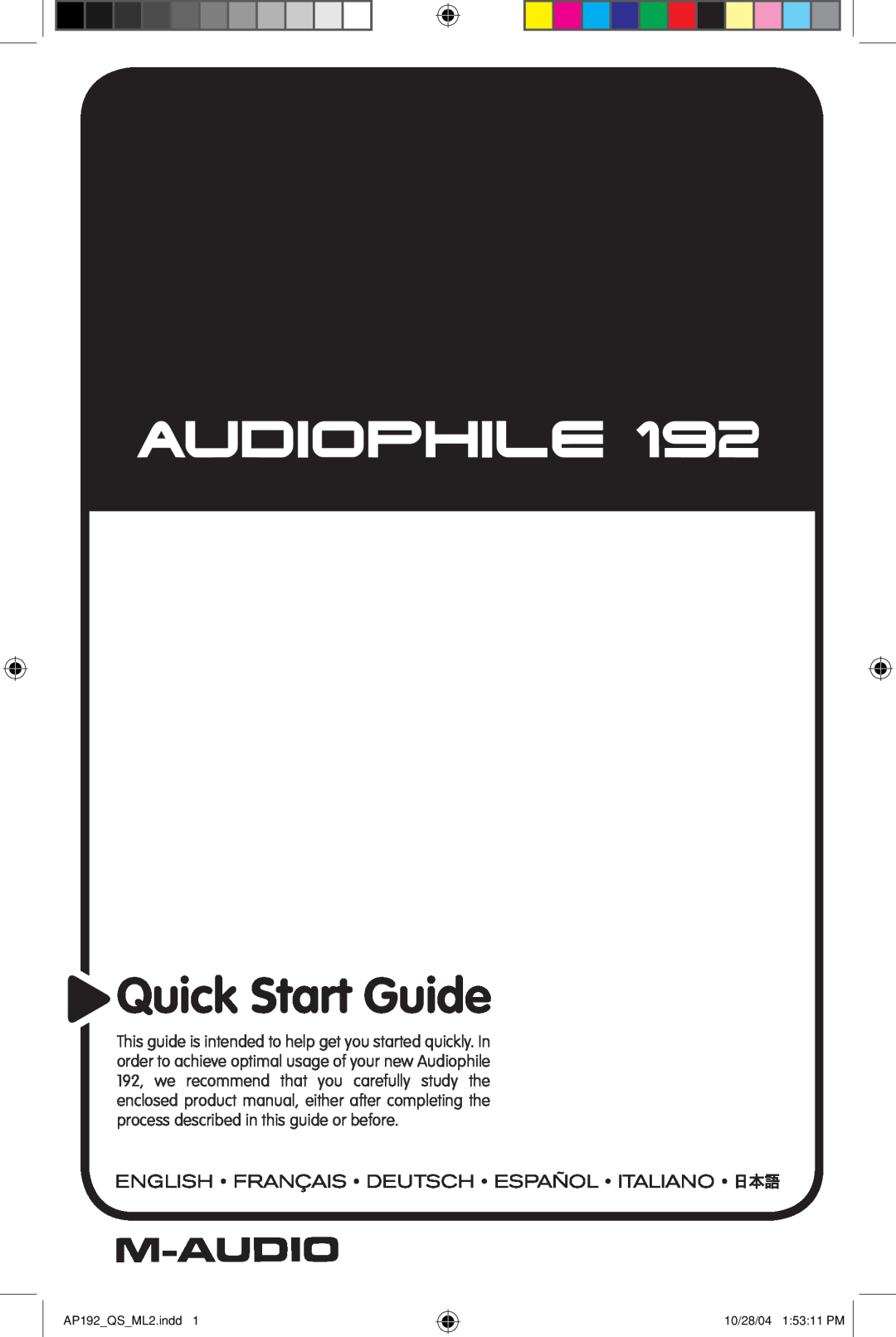 M-Audio 192s quick start Audiophile, Quick Start Guide 