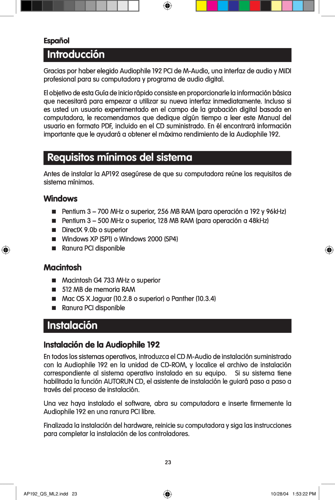 M-Audio 192s Introducción, Requisitos mínimos del sistema, Instalación de la Audiophile, Español, Windows, Macintosh 