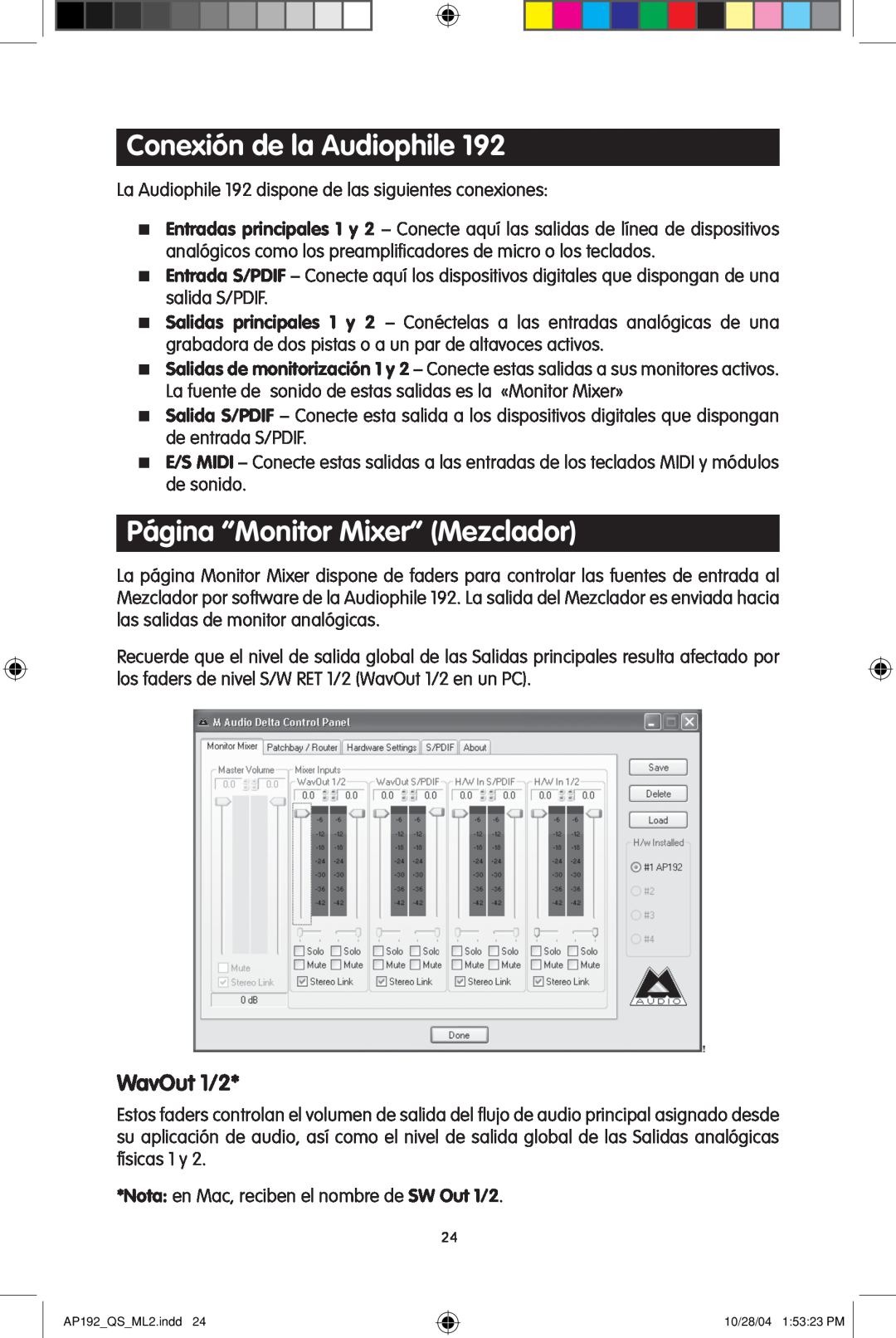 M-Audio 192s quick start Conexión de la Audiophile, Página “Monitor Mixer” Mezclador, WavOut 1/2 