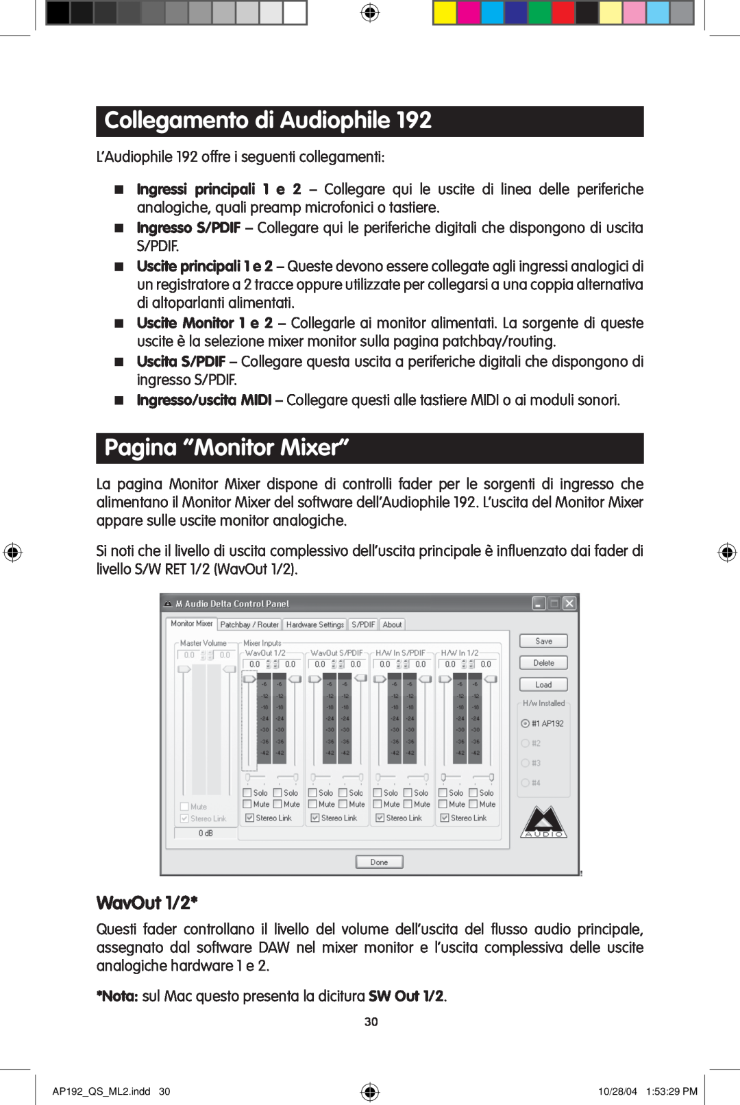 M-Audio 192s quick start Collegamento di Audiophile, Pagina “Monitor Mixer”, WavOut 1/2 