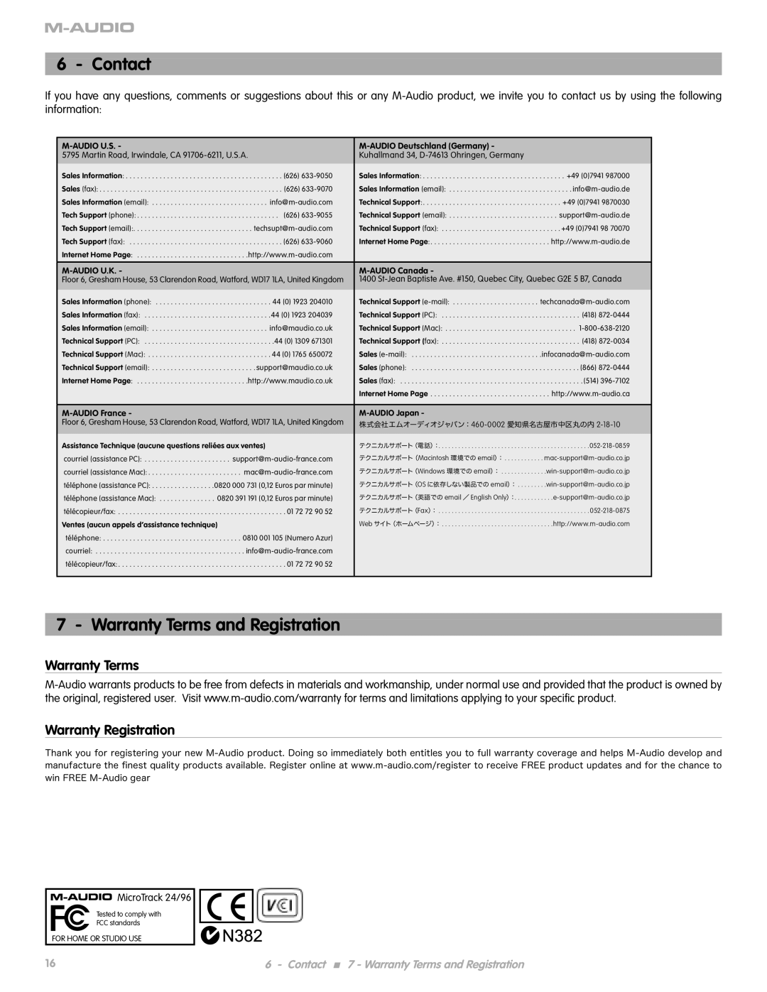 M-Audio 24 manual Contact, Warranty Terms and Registration, Warranty Terms Warranty Registration 