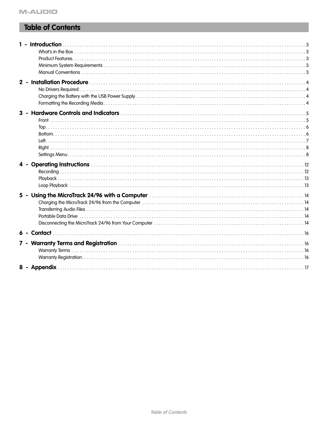 M-Audio 24 manual Table of Contents 