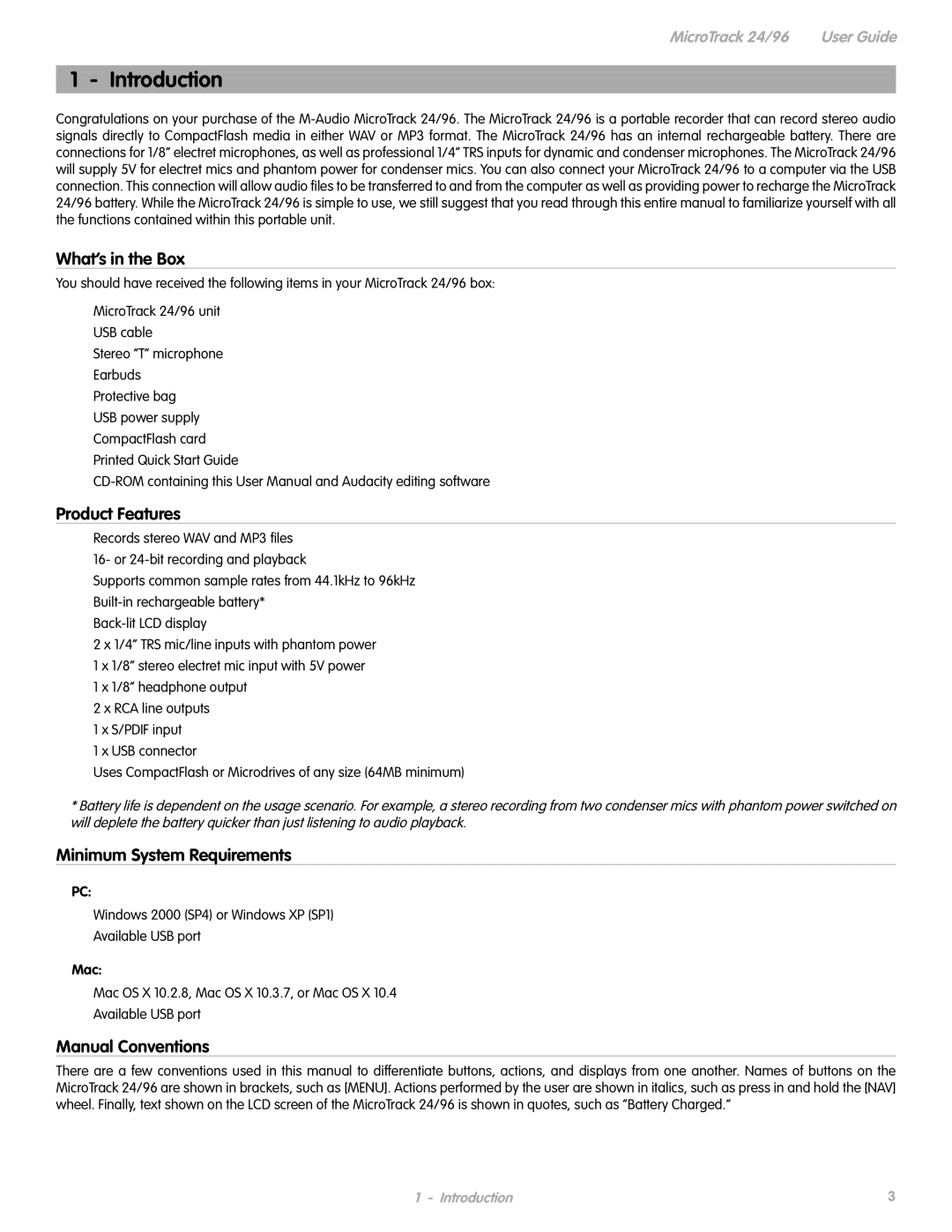 M-Audio 24 manual Introduction, What’s in the Box, Product Features, Minimum System Requirements, Manual Conventions 