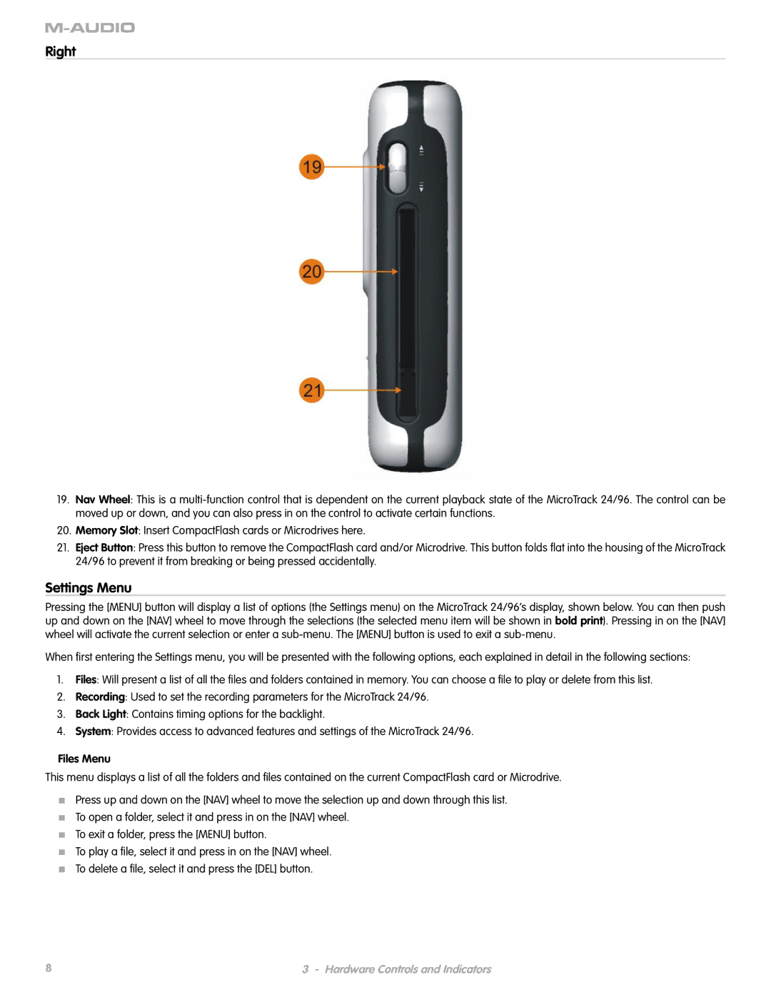 M-Audio 24 manual Right, Settings Menu, Files Menu 