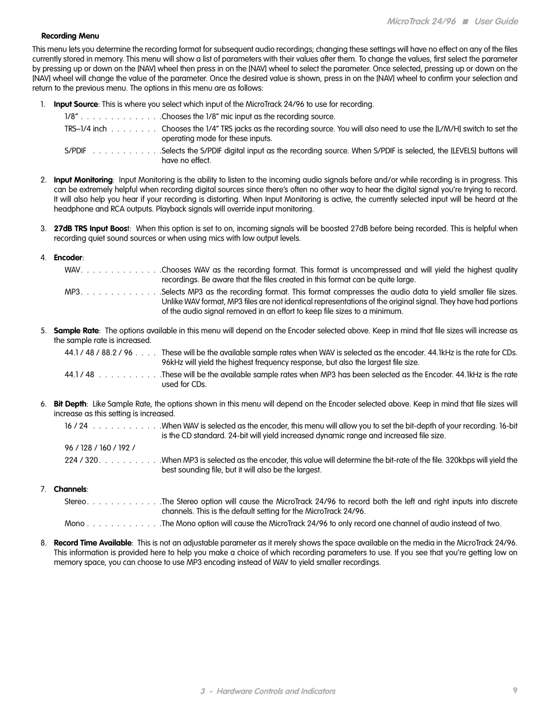 M-Audio 24 manual Recording Menu, Encoder, Channels 