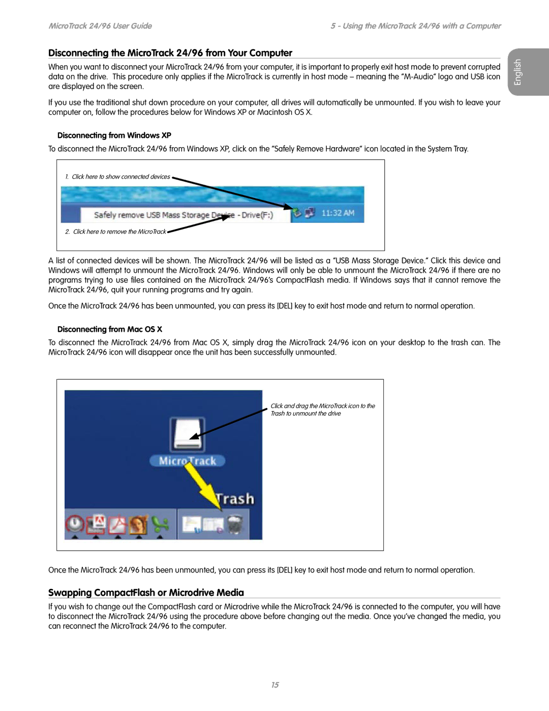 M-Audio manual Disconnecting the MicroTrack 24/96 from Your Computer, Swapping CompactFlash or Microdrive Media 