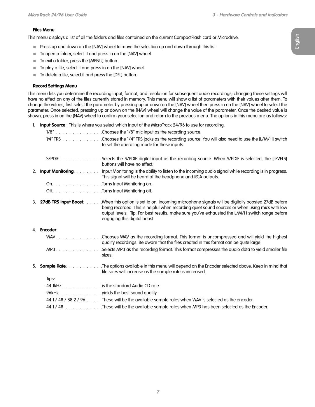 M-Audio 24/96 manual Files Menu, Record Settings Menu, Encoder 