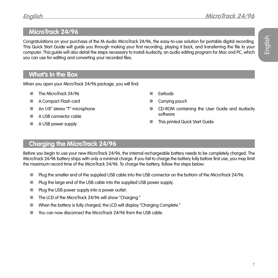 M-Audio quick start English, What’s In the Box, Charging the MicroTrack 24/96 