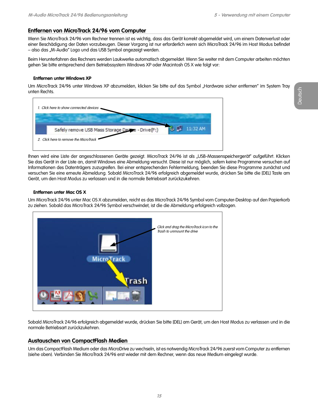 M-Audio Entfernen von MicroTrack 24/96 vom Computer, Austauschen von CompactFlash Medien, Entfernen unter Windows XP 