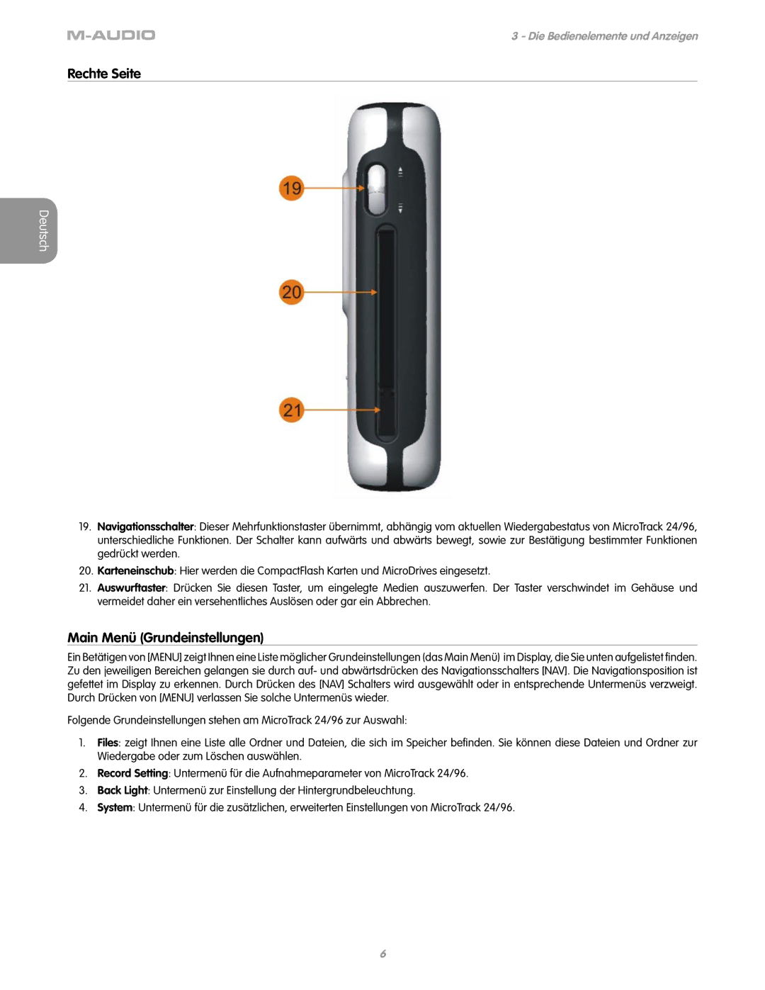 M-Audio 24/96 manual Rechte Seite, Main Menü Grundeinstellungen 