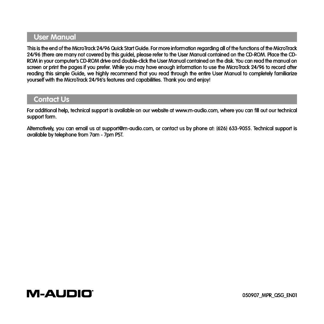 M-Audio 24/96 quick start User Manual, Contact Us, 050907MPRQSGEN01 