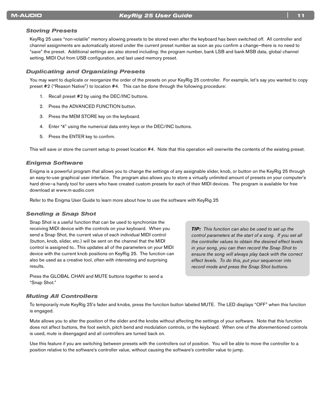 M-Audio 25 manual Storing Presets, Duplicating and Organizing Presets, Enigma Software, Sending a Snap Shot 