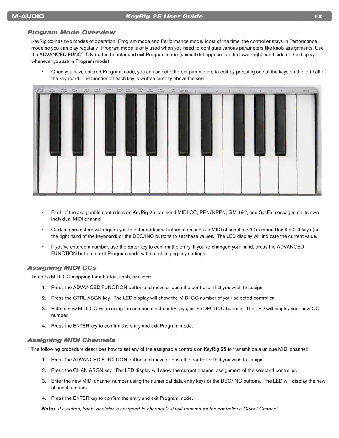 M-Audio 25 manual Program Mode Overview, Assigning Midi CCs, Assigning Midi Channels 