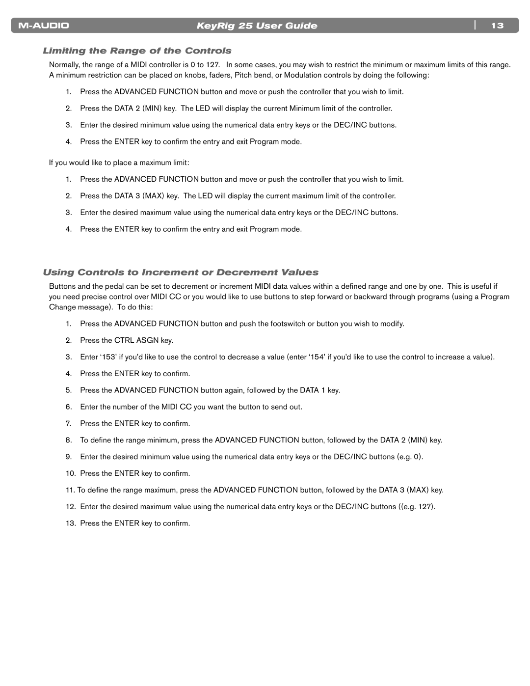 M-Audio 25 manual Limiting the Range of the Controls, Using Controls to Increment or Decrement Values 