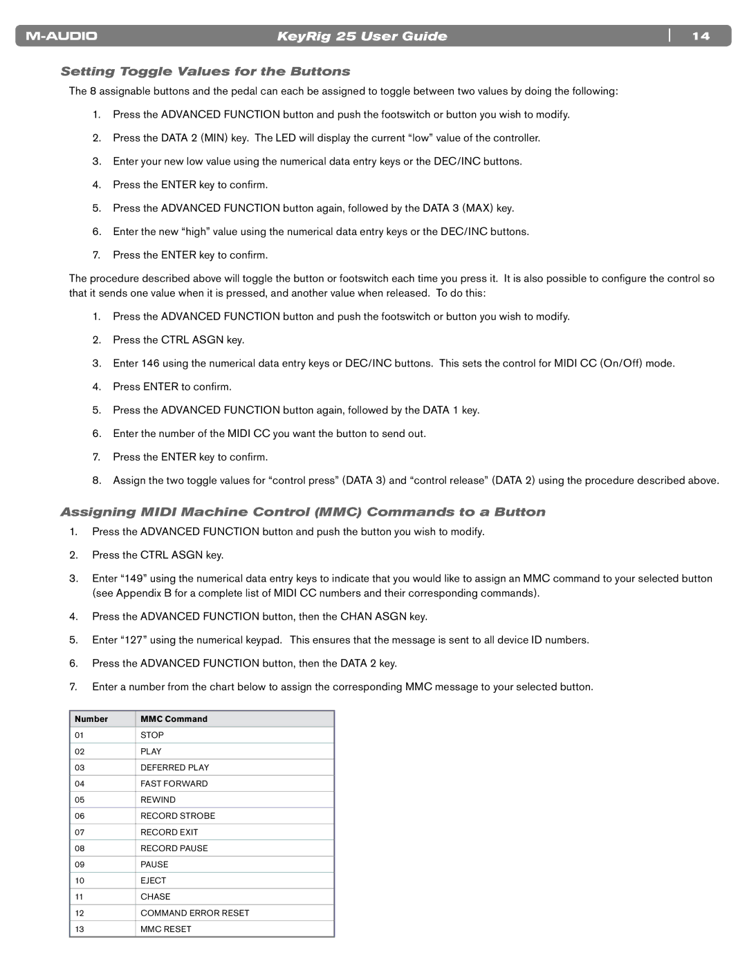 M-Audio 25 manual Setting Toggle Values for the Buttons, Assigning Midi Machine Control MMC Commands to a Button 