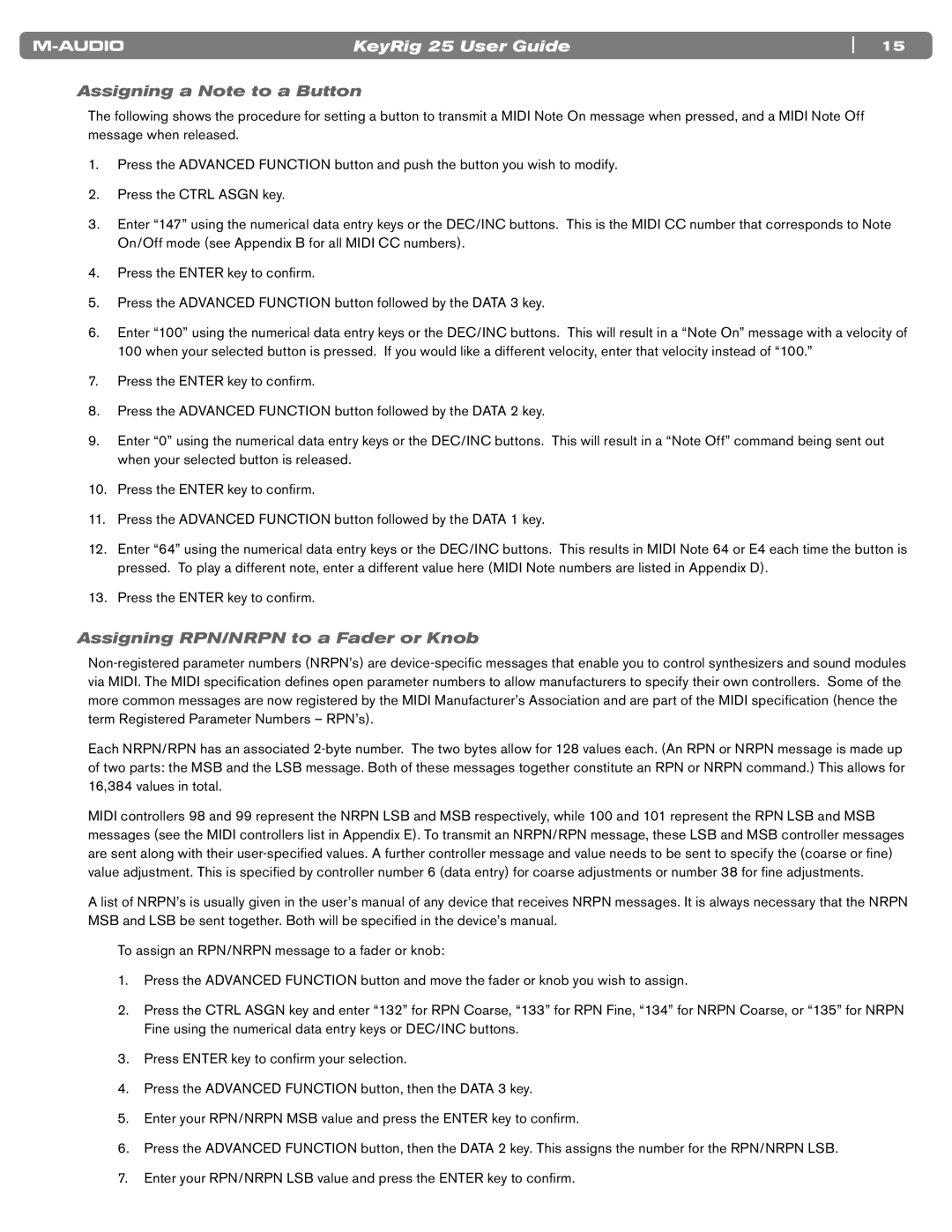 M-Audio 25 manual Assigning a Note to a Button, Assigning RPN/NRPN to a Fader or Knob 