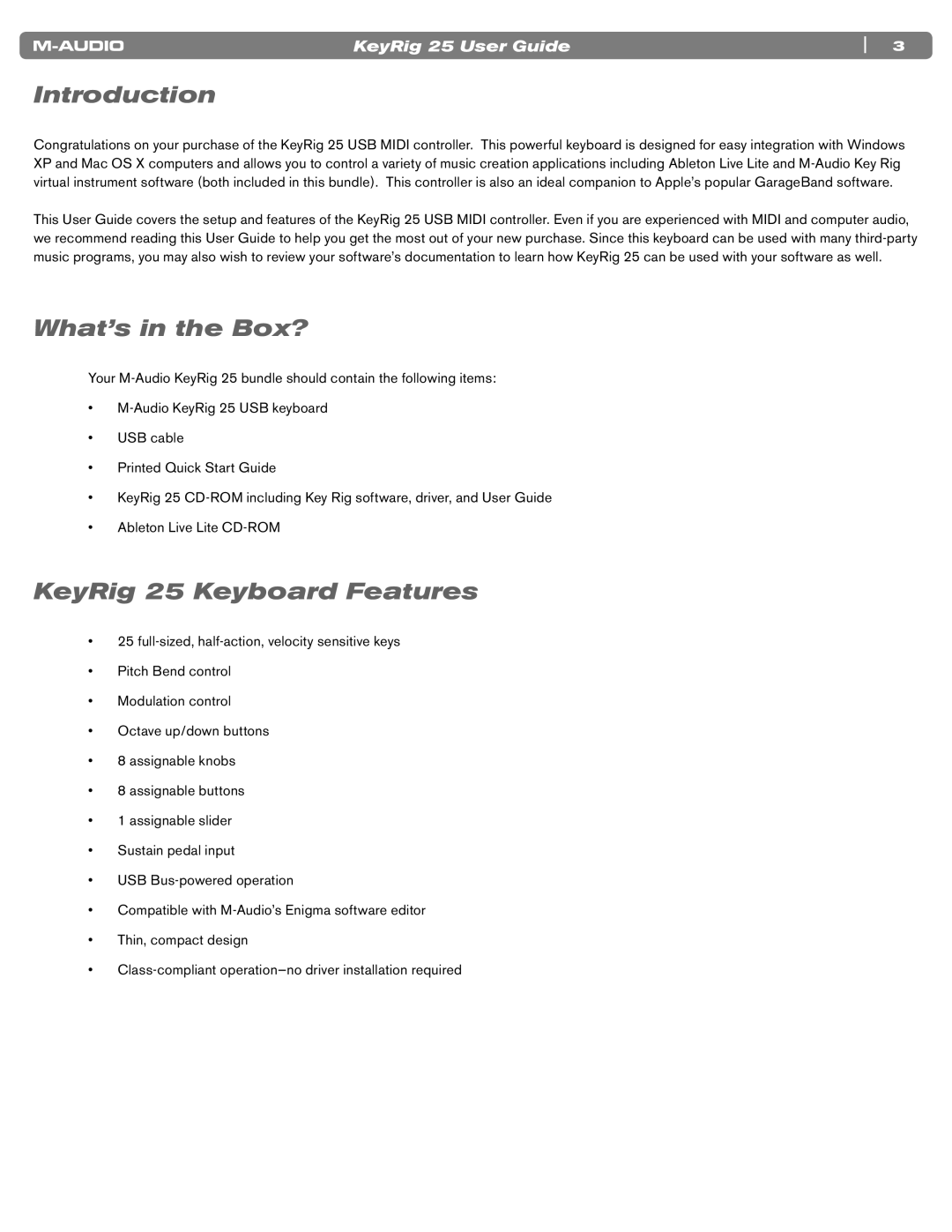 M-Audio manual Introduction, What’s in the Box?, KeyRig 25 Keyboard Features 