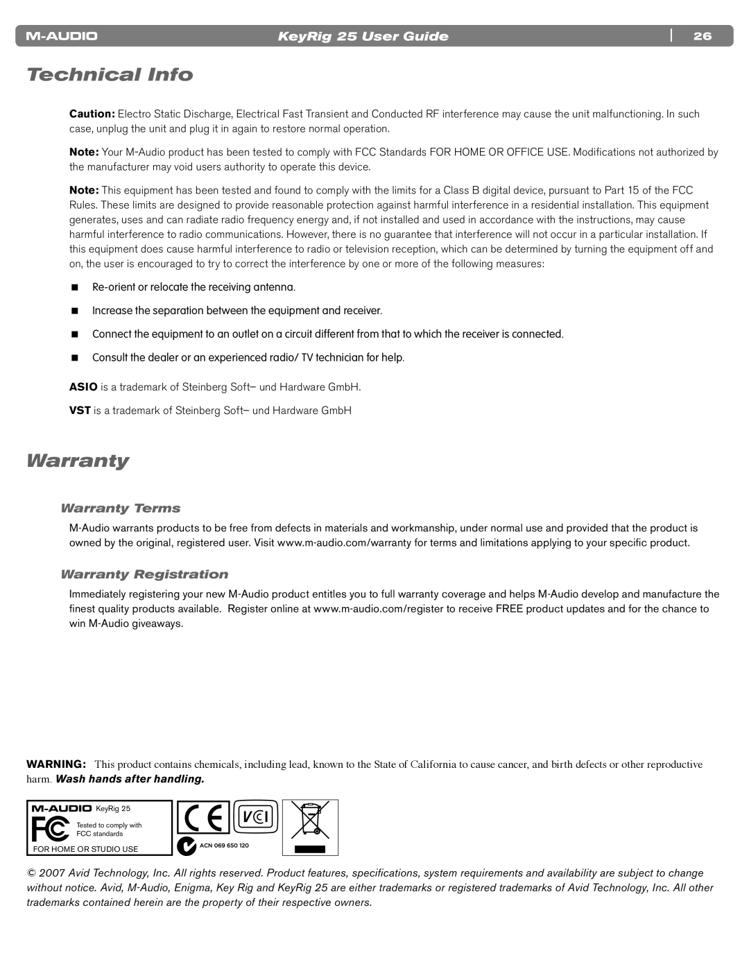 M-Audio 25 manual Technical Info, Warranty Terms Warranty Registration 