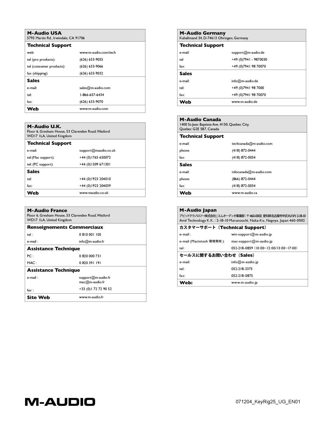 M-Audio 25 manual Audio USA, Technical Support, Sales, Web Audio U.K, Web Audio France, Renseignements Commerciaux 