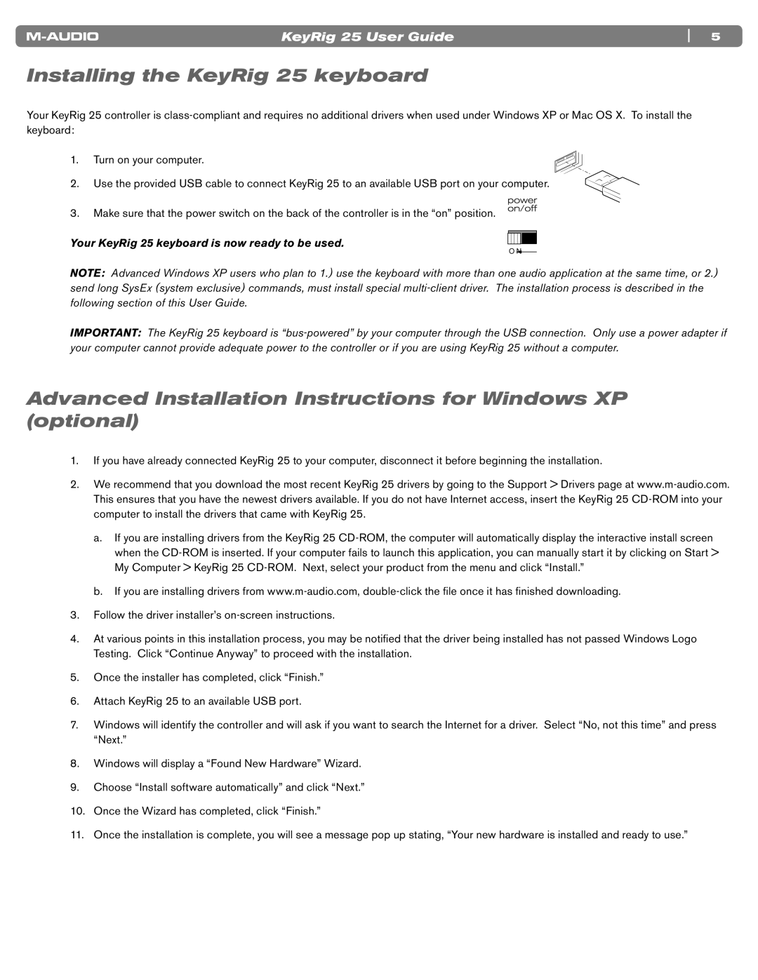 M-Audio manual Installing the KeyRig 25 keyboard, Advanced Installation Instructions for Windows XP optional 