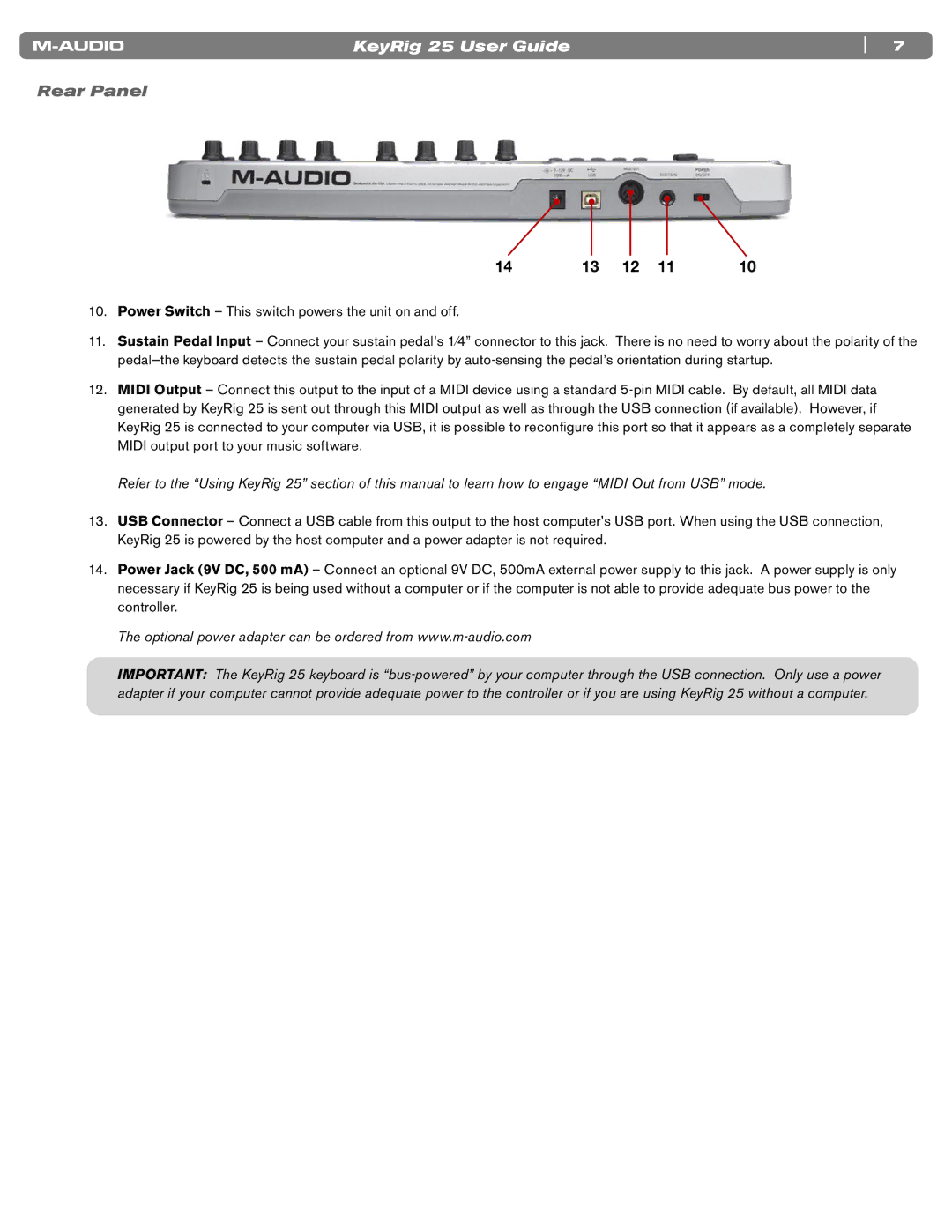 M-Audio 25 manual Rear Panel 