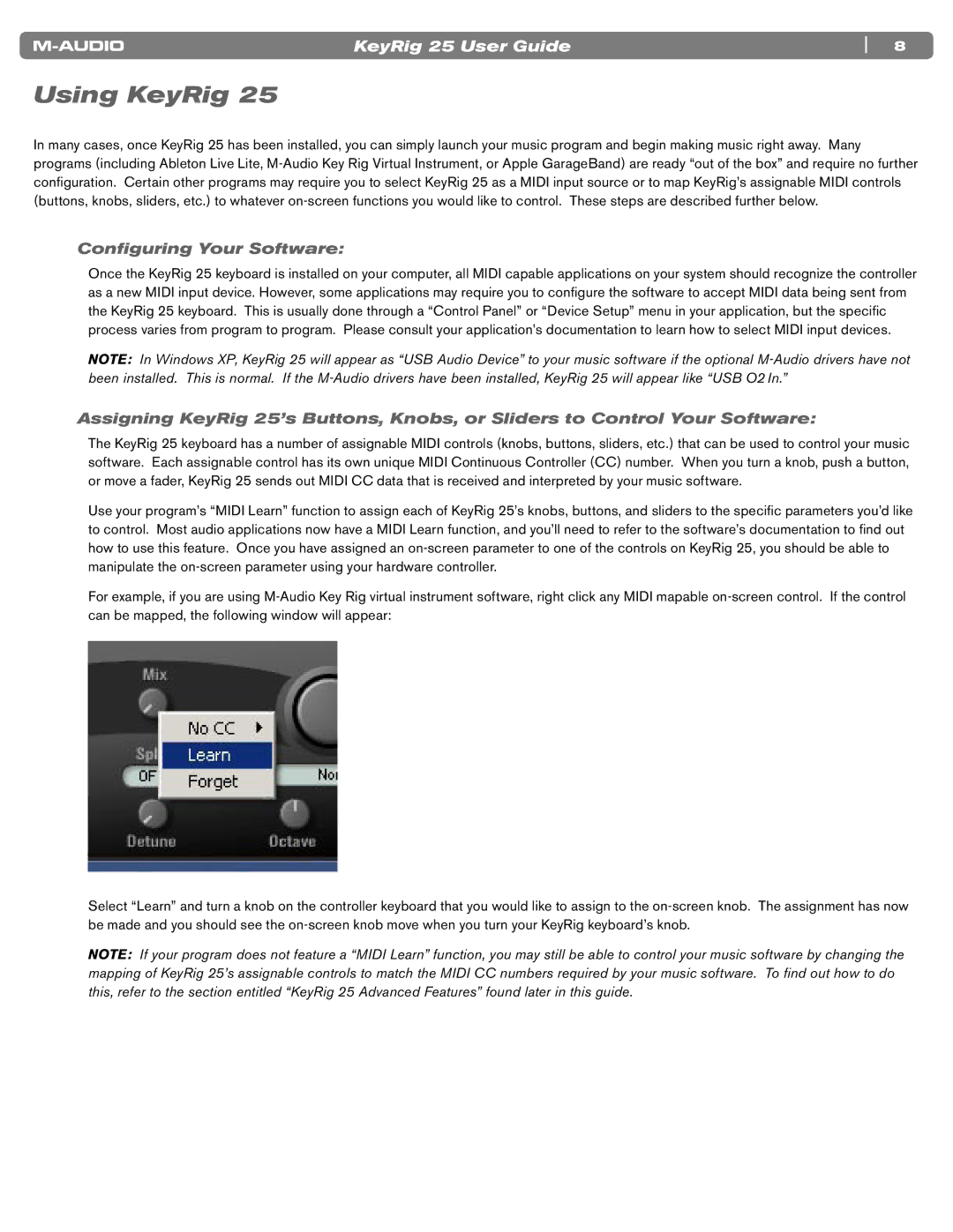 M-Audio 25 manual Using KeyRig, Conﬁguring Your Software 