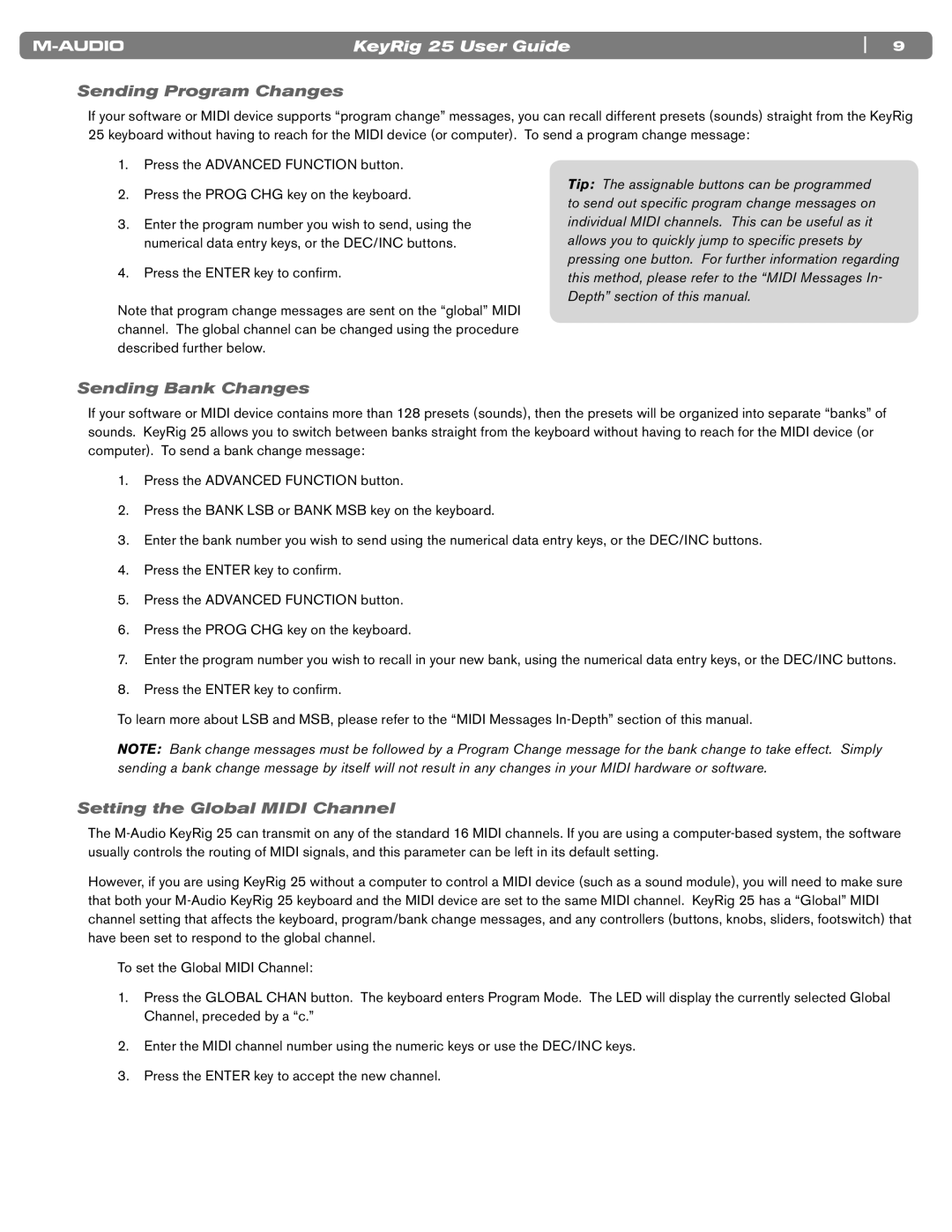 M-Audio 25 manual Sending Program Changes, Sending Bank Changes, Setting the Global Midi Channel 