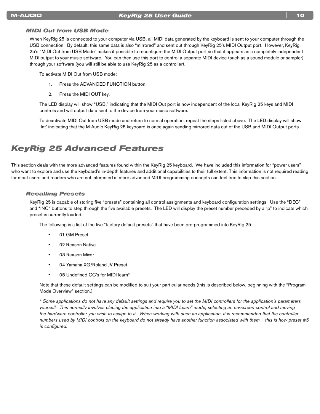 M-Audio manual KeyRig 25 Advanced Features, Midi Out from USB Mode, Recalling Presets 