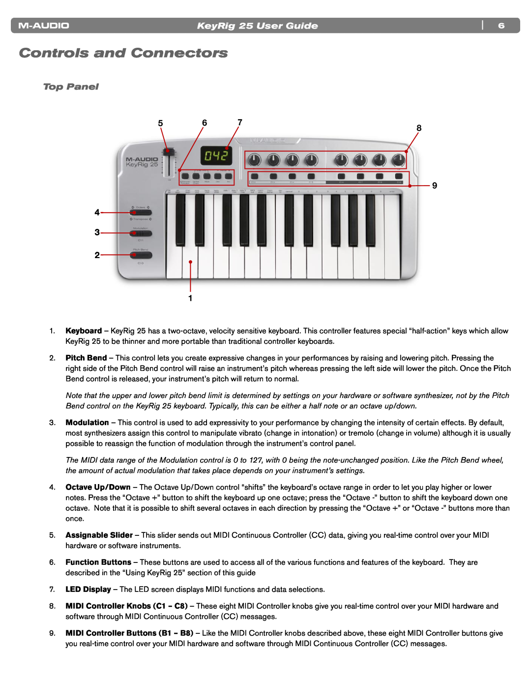 M-Audio manual Controls and Connectors, Top Panel, KeyRig 25 User Guide 
