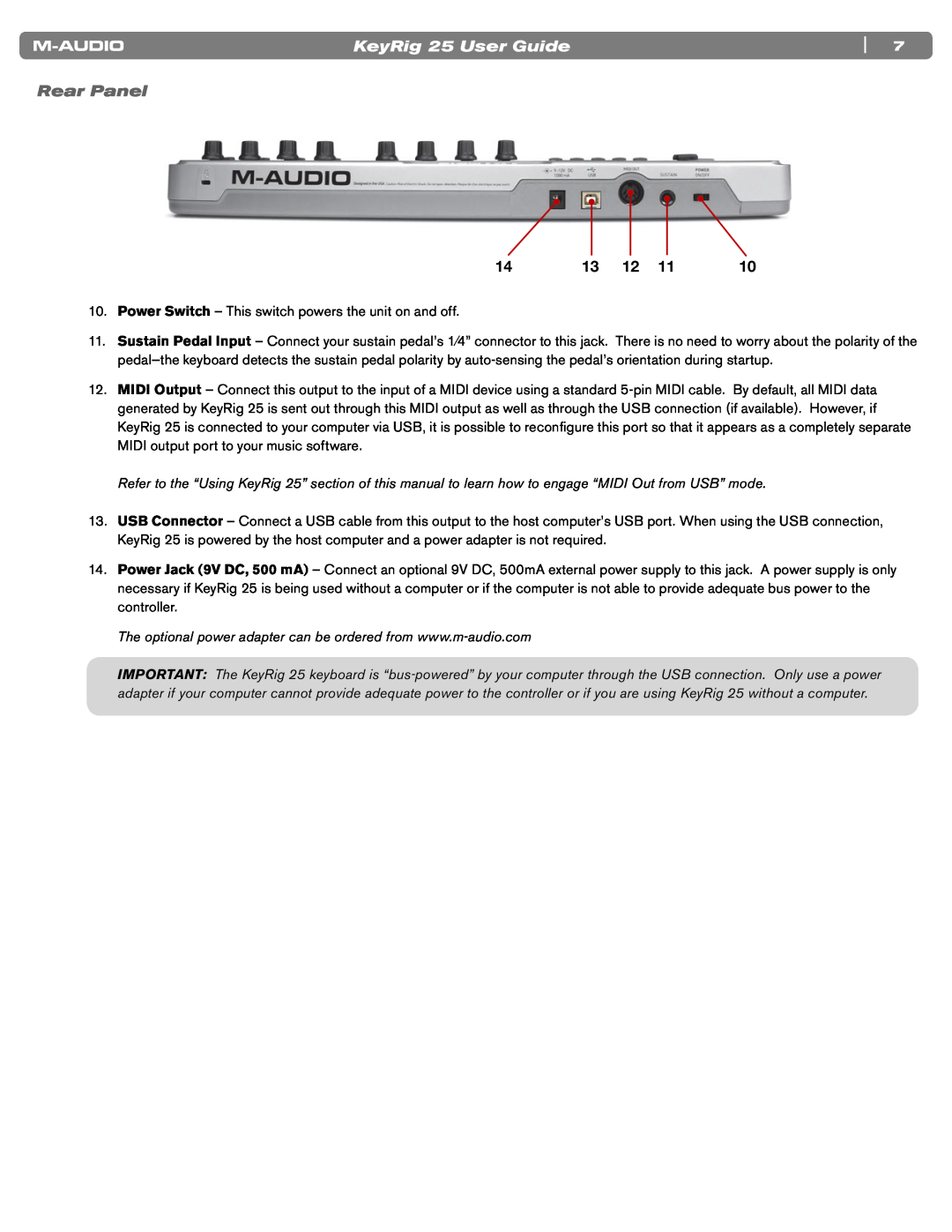 M-Audio manual Rear Panel, KeyRig 25 User Guide 