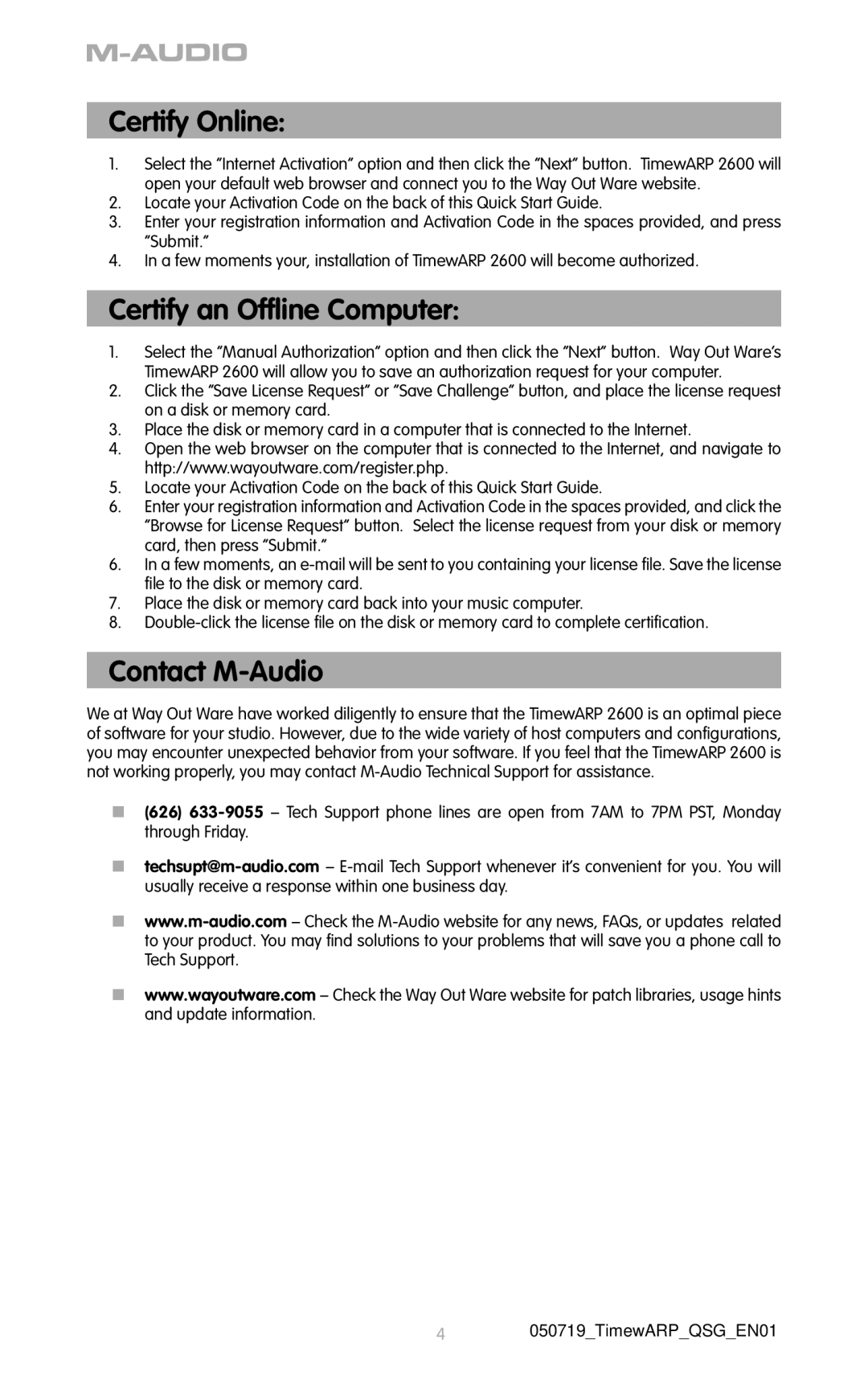 M-Audio 2600 quick start Certify Online, Certify an Ofﬂine Computer, Contact M-Audio 