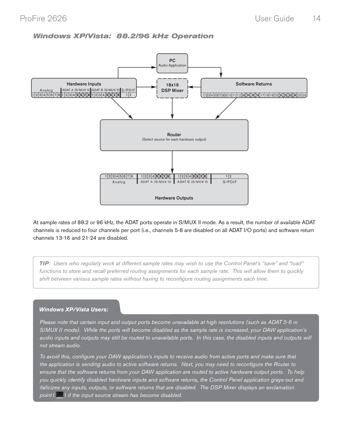 M-Audio 2626 manual Windows XP/Vista 88.2/96 kHz Operation, Windows XP/Vista Users 