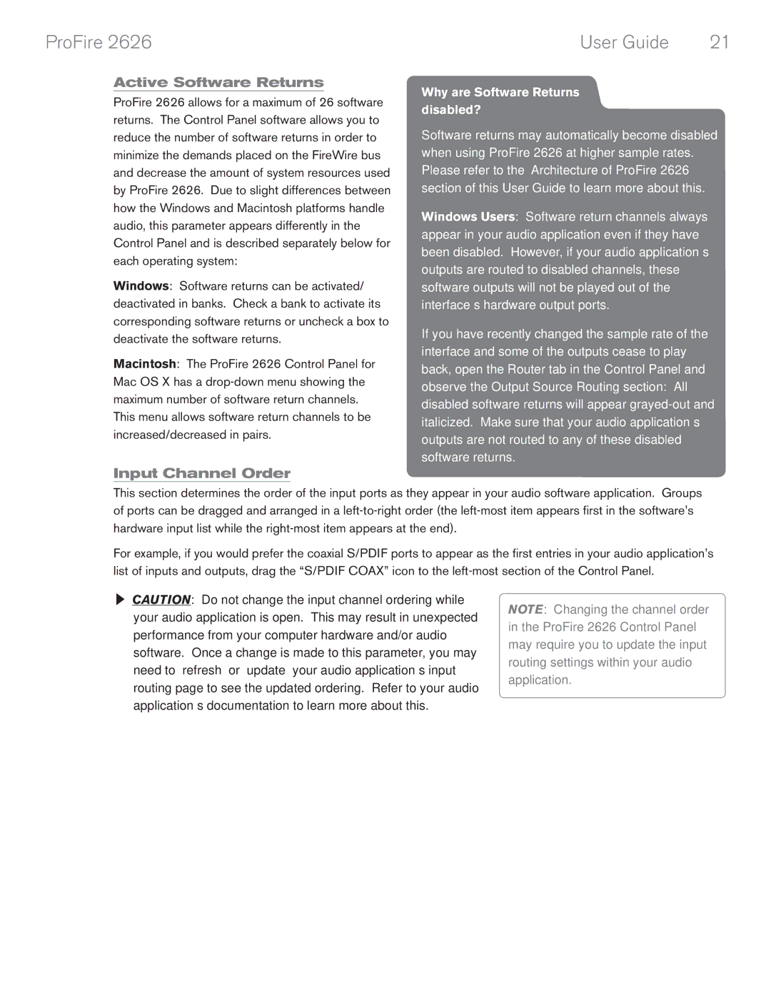 M-Audio 2626 manual Active Software Returns, Input Channel Order 